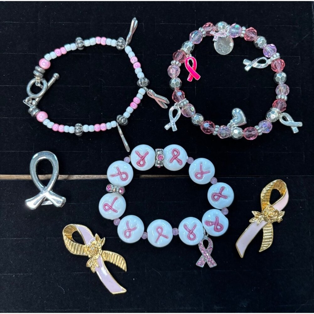 Breast Cancer Awareness Jewelry Set With Bracelets Brooches & Charms In Pink & G